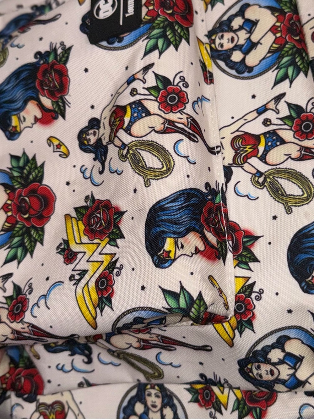 Loungefly DC Wonder Woman Tattoo Print Backpack Cream Red Black - Picture 7 of 11